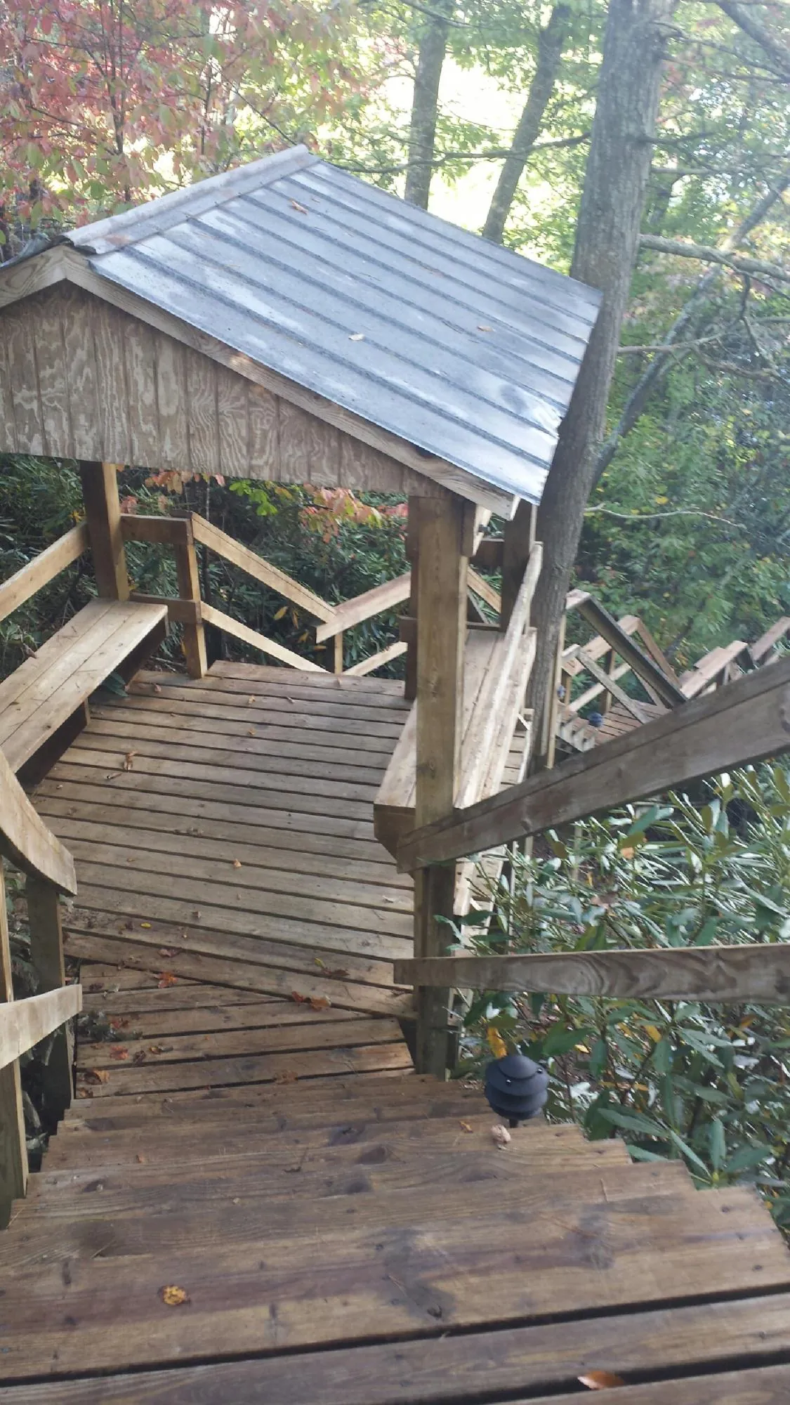 Metal roofed shelter over wooden steps on a wooded walkway — Skylight Repair & Installation work by our crew in Centralia